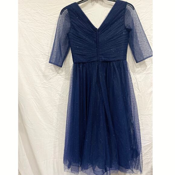 La Femme Sheer Fit & Flare Cocktail Dress Rhinestone Tulle Midnight Navy Blue - Picture 2 of 16